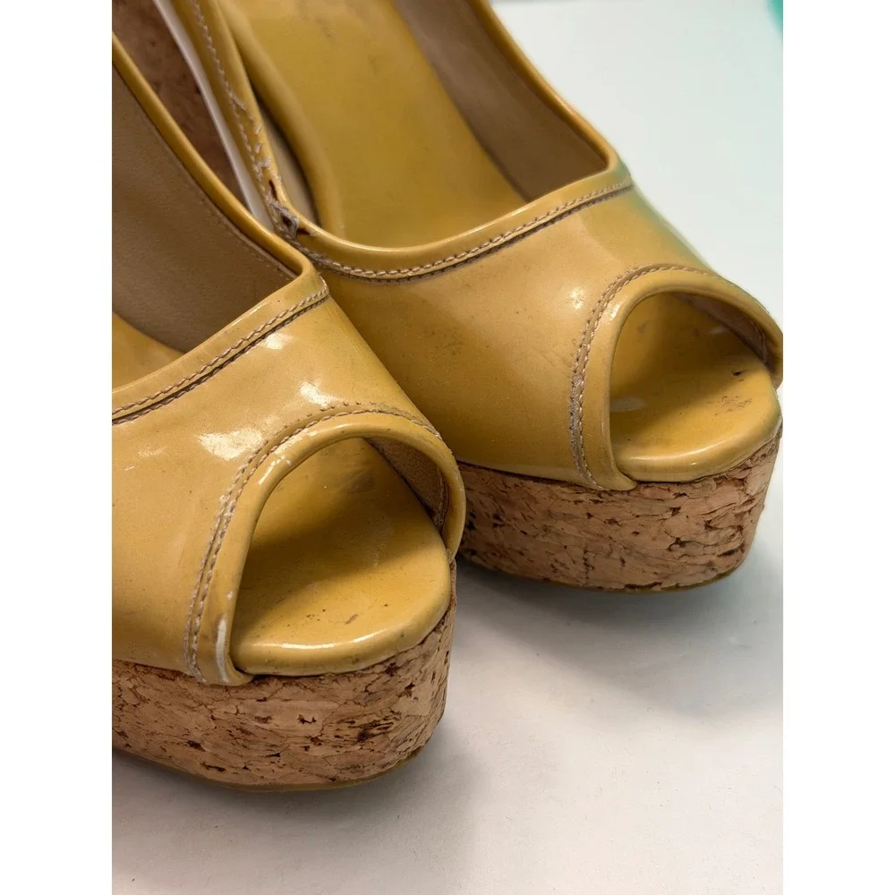 Jimmy Choo Mustard Patent Leather Cork Platform Wedge‎ Peep Toe Pumps Italy
